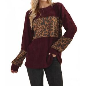 NEW HEIMISH USA leopard colorblock sweater in burgundy